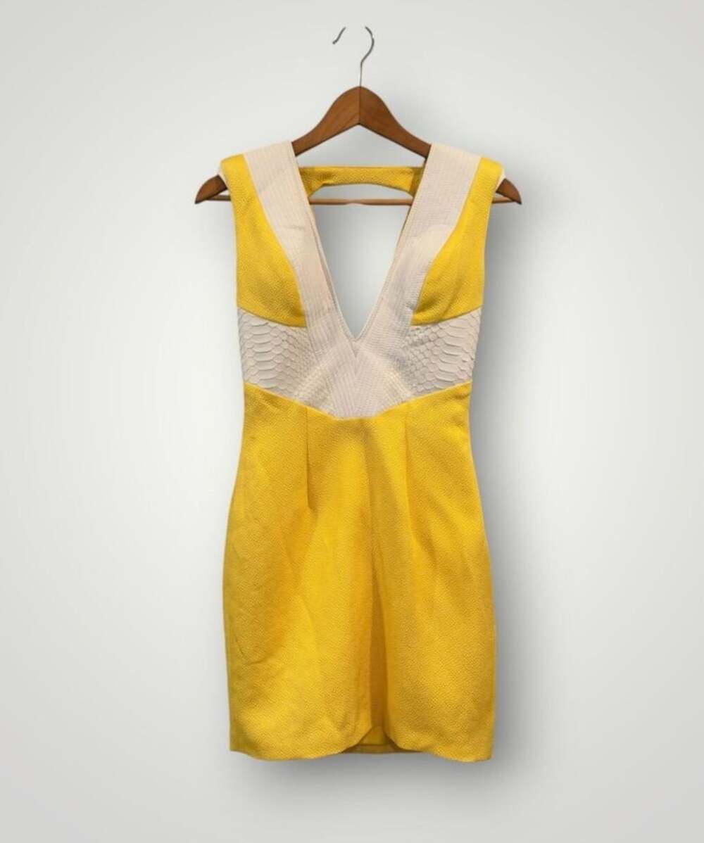 Rubin Singer Couture Dress Yellow White Textured V-Neck